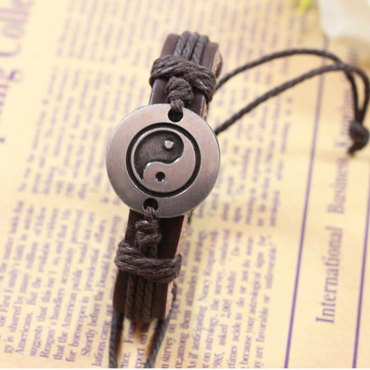 Buddha Stones Retro Yin Yang Leather Harmony String Bracelet - image 3