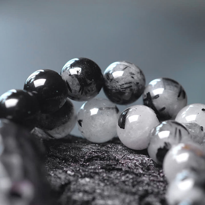 Buddha Stones Black Rutilated Quartz Ebony Wood White Crystal Success Couple Bracelet - image 9