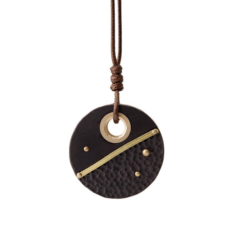 Buddha Stones Handcrafted Round Ebony Wood Copper Peace Necklace Pendant - image 10