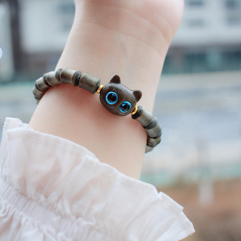 Buddha Stones Ebony Wood Green Sandalwood Cute Cat Peace Bracelet - image 6