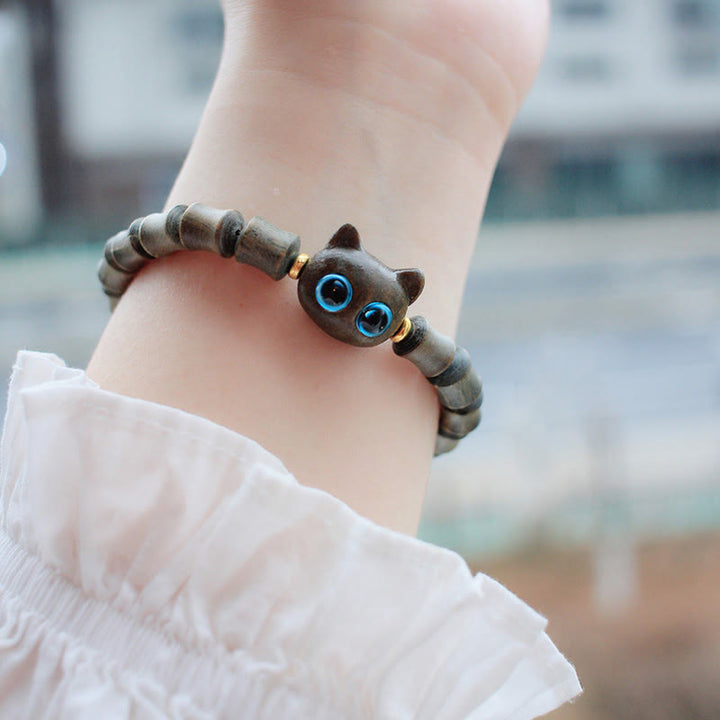 Buddha Stones Ebony Wood Green Sandalwood Cute Cat Peace Bracelet - image 6