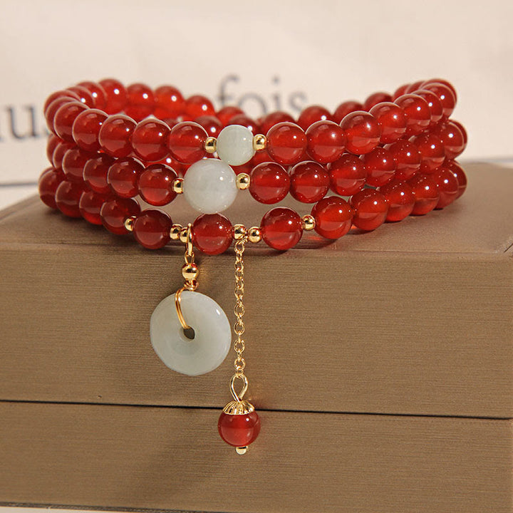 Buddha Stones Natural Red Agate Jade Peace Buckle Calm Triple Wrap Bracelet - image 3