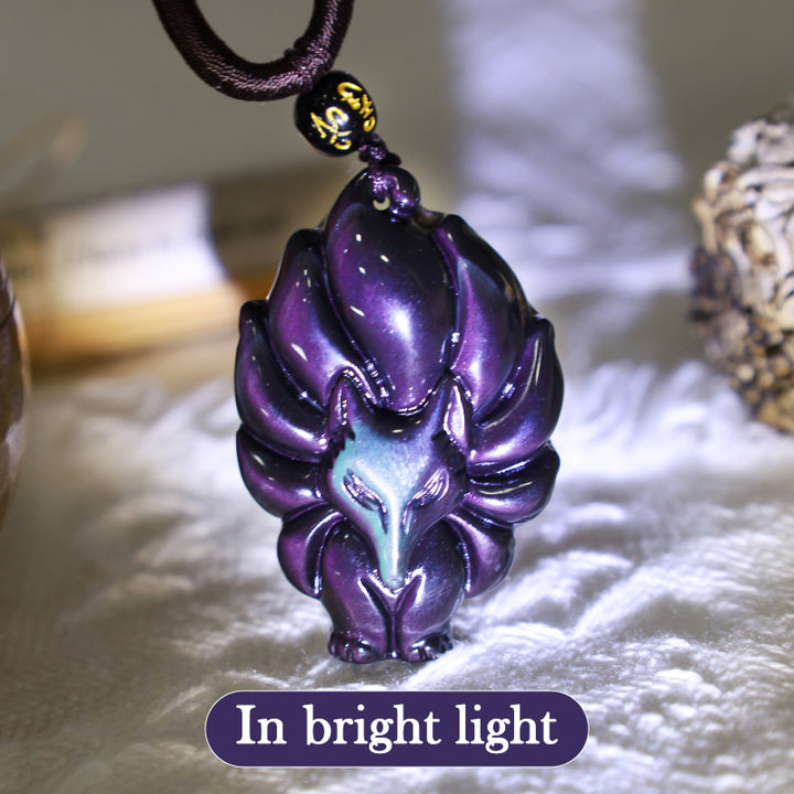 Buddha Stones Natural Rainbow Obsidian Gold Sheen Obsidian Nine Tailed Fox Positive Necklace Pendant - image 7