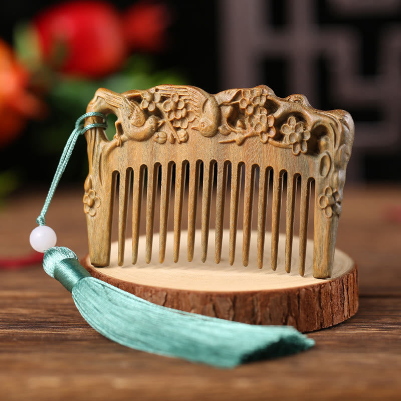 Green Sandalwood Fox Peony Flower Lotus Engraved Cure Tassel Comb - Two Birds Green Sandalwood - image 9