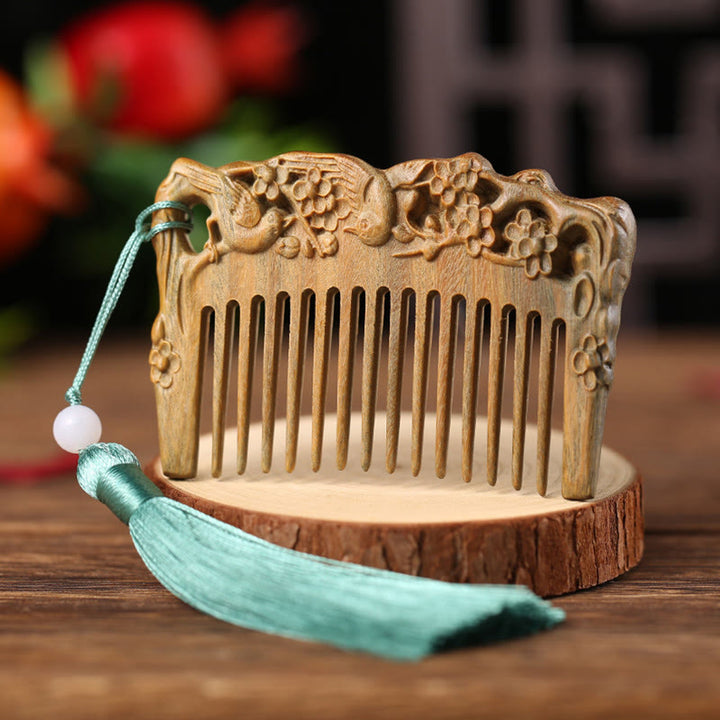 Green Sandalwood Fox Peony Flower Lotus Engraved Cure Tassel Comb - Two Birds Green Sandalwood - image 9