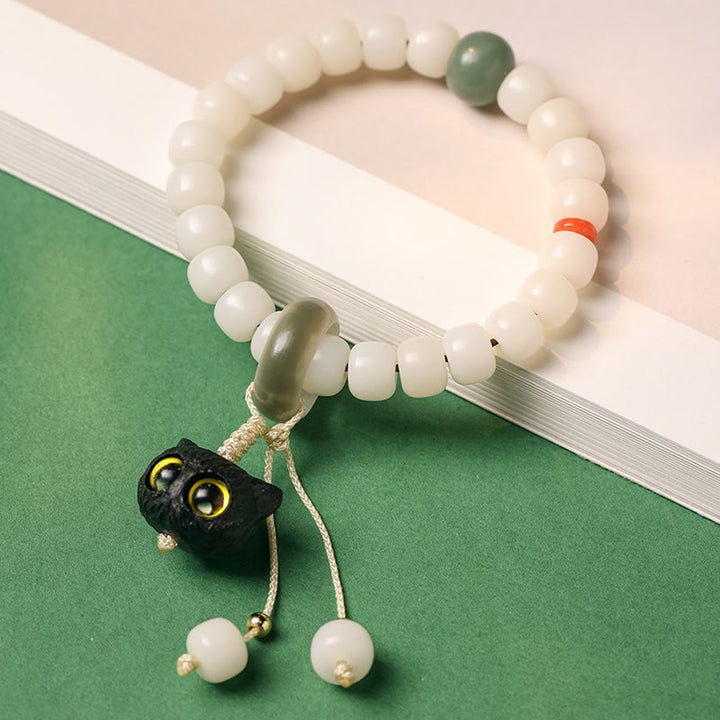 Buddha Stones Natural Bodhi Seed African Blackwood Lovely Cat Charm Peace Harmony Bracelet - image 1