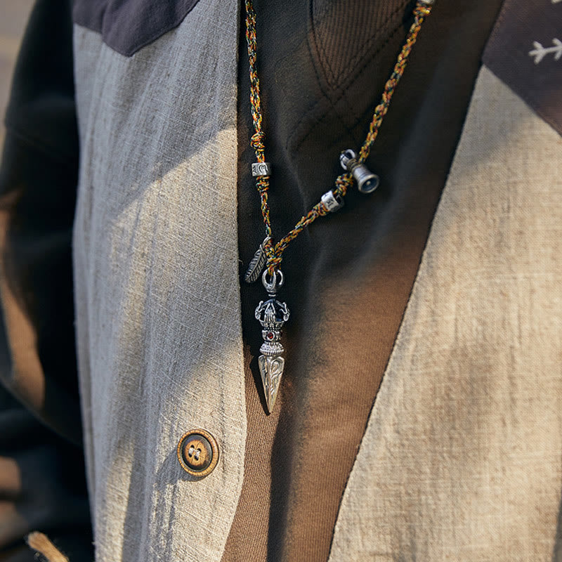 Buddha Stones Tibetan Handmade 925 Sterling Silver Dorje Vajra Om Mani Padme Hum Feather Strength Necklace Pendant - image 3