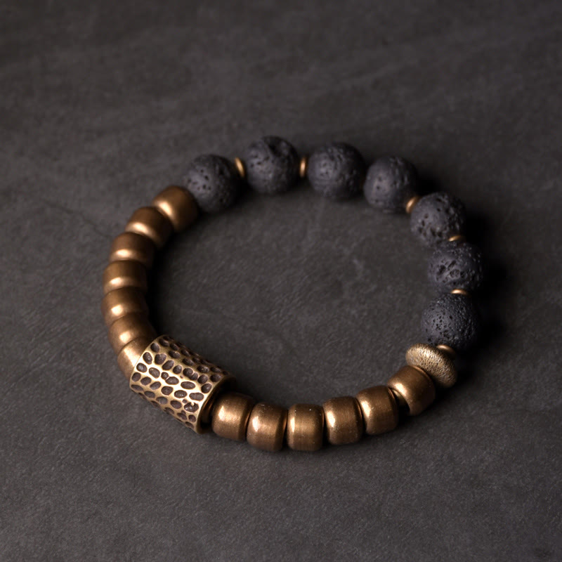 Buddha Stones Lava Rock Stone Rainbow Obsidian Copper Support Healing Bracelet - Lava Rock&Copper - 18cm - image 0
