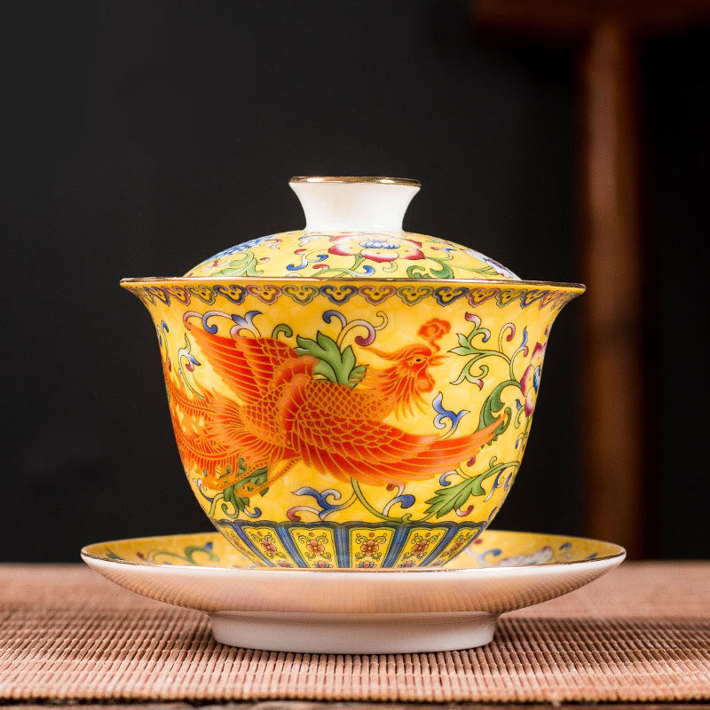Buddha Stones Dragon Phoenix Flower Design Ceramic Gaiwan Sancai Teacup Kung Fu Tea Cup And Saucer With Lid - Yellow - Phoenix 9.5cm*9.3cm*160ml - image 4