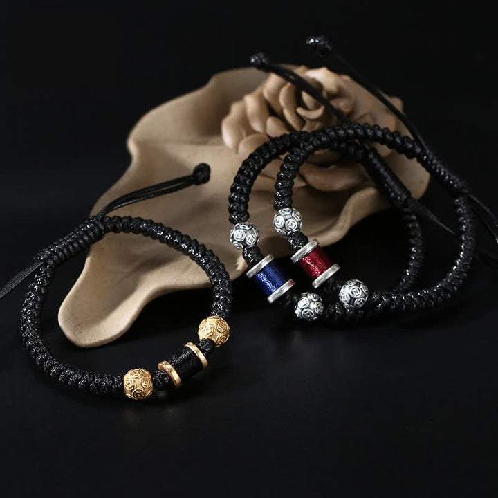Buddha Stones 999 Sterling Silver Copper Coin Bead Copper Balance Braided String Bracelet - image 0