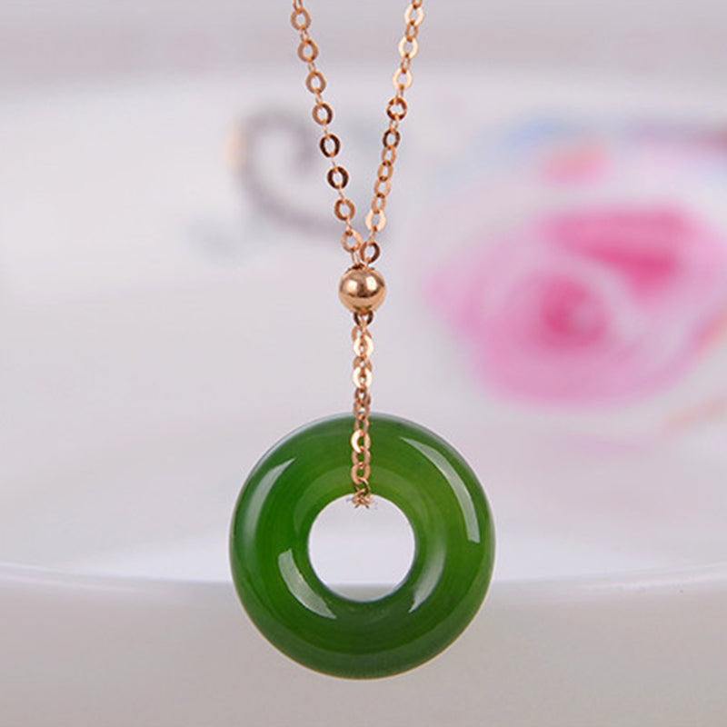 Round Cyan Jade Healing 14K Gold Necklace Pendant - image 2