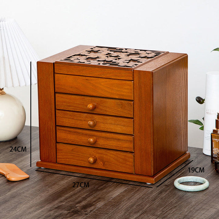 Buddha Stones Vintage Large Capacity Wooden Jewelry Box Jewelry Storage Box With Mirror - Five Layers Light Color 27*19*24cm - image 21