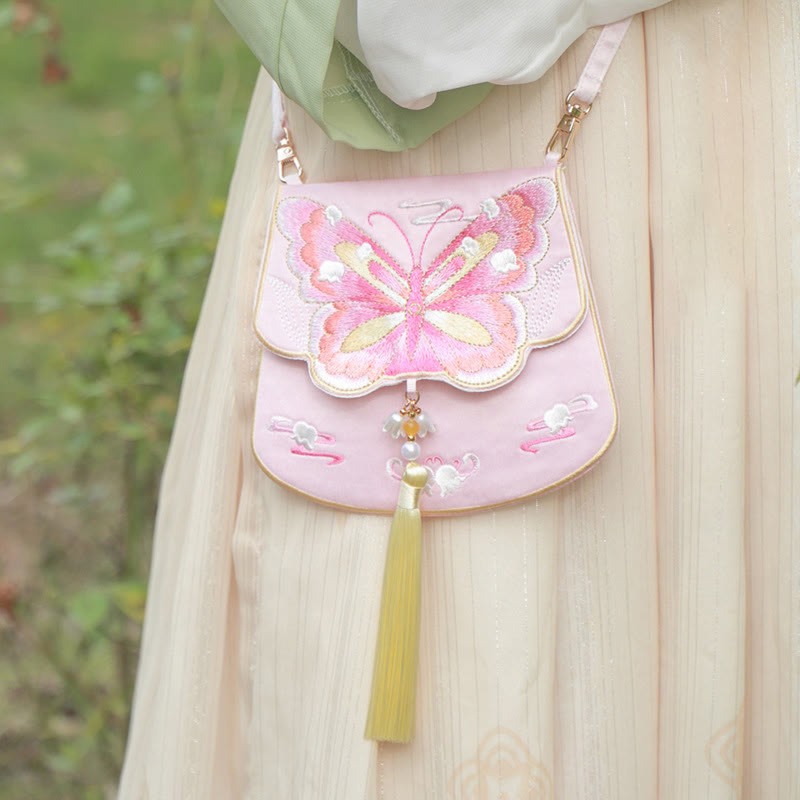 Buddha Stones Luck Embroidery Lotus Koi Fish Rabbit Flower Hanfu Bag Crossbody Bag Shoulder Bag - Pink Bell Butterfly - image 24