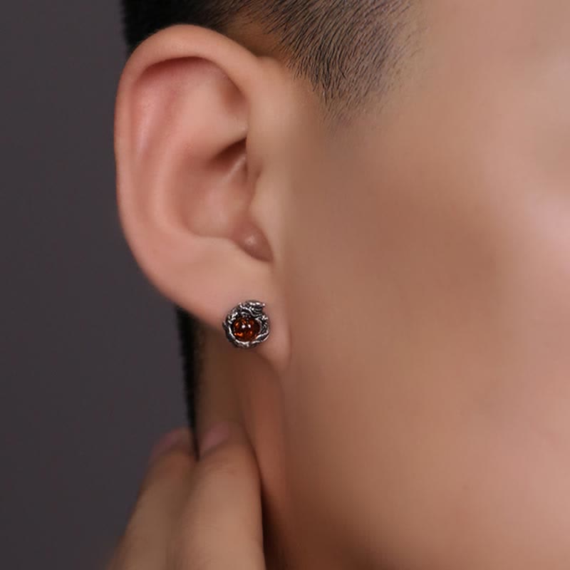 Buddha Stones 925 Sterling Silver Natural Amber Dragon Success Protection Stud Earring - image 6