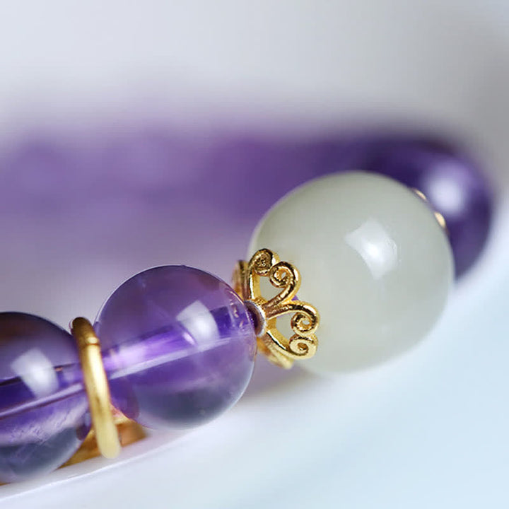 Buddha Stones Natural Amethyst Crystal Hetian Jade Healing Charm Bracelet - image 10