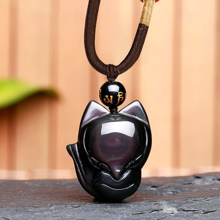 Buddha Stones Natural Rainbow Obsidian Gold Sheen Obsidian Nine Tailed Fox Positive Necklace Pendant - Rainbow Obsidian Fox - image 14