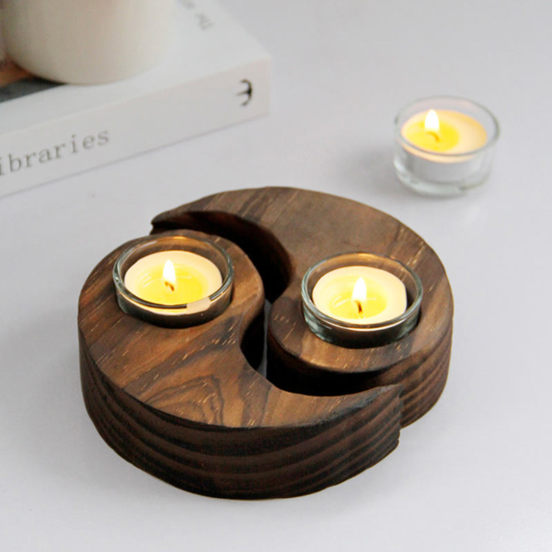 Buddha Stones Yin Yang Wood Candle Holder Meditation Rituals Use Items - image 1