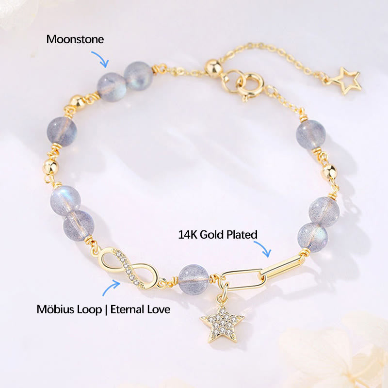 Buddha Stones 14K Gold Plated Natural Strawberry Quartz Moonstone Möbius Loop Eternal Love Star Positive Bracelet - image 7