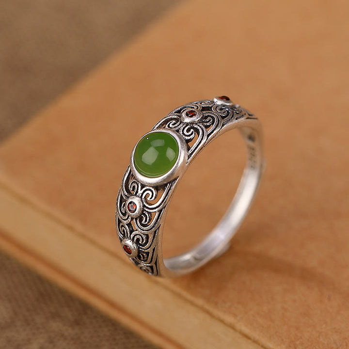 Buddha Stones 925 Sterling Silver Hetian Cyan Jade Harmony Adjustable Ring - image 2