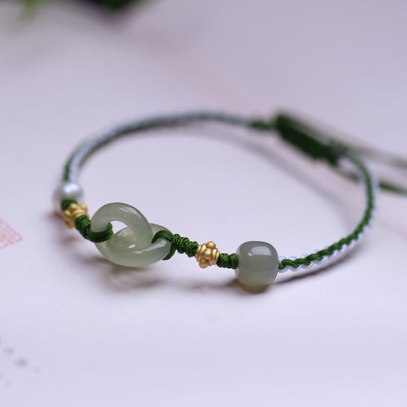 Buddha Stones 925 Sterling Silver Hetian Jade Double Peace Buckle Luck Braided Bracelet - image 2