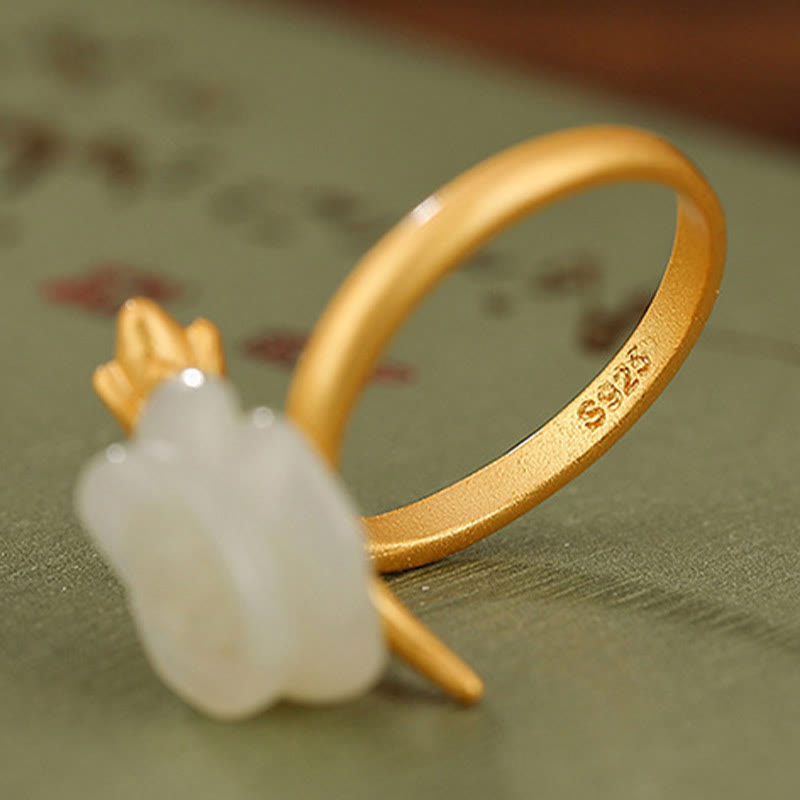 Buddha Stones 925 Sterling Silver Plated Gold Rose Flower Hetian White Jade Happiness Ring - image 4