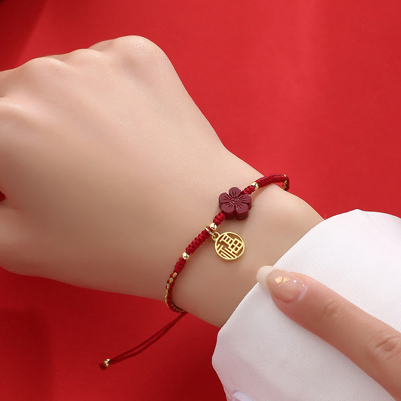 Buddha Stones Cinnabar Flower Fu Character Blessing Braided String Bracelet - image 1