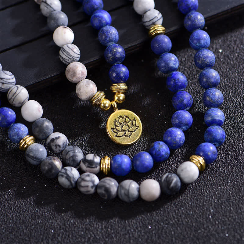 Buddha Stones Lazurite Picasso Jasper Amazonite Rhodonite Apatite Positive Lotus Prayer Bead Bracelet - image 3