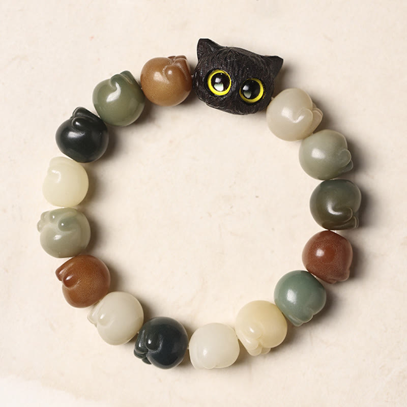 Buddha Stones Natural Bodhi Seed Lovely Paw Ebony Wood Lucky Cat Wisdom Bracelet - image 2