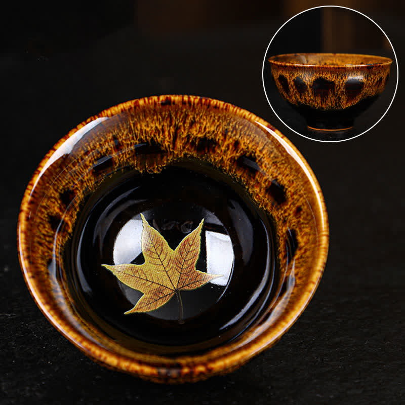 Buddha Stones Maple Leaf Colorful Ceramic Teacup Home Tea Cups - 8cm*4.5cm*90ml - Yellow - image 22