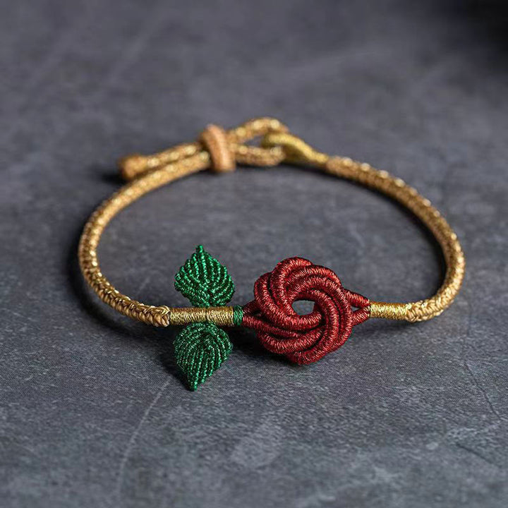Buddha Stones Rose Flower Rope Eight Thread Peace Knot Luck Handmade Bracelet - Red Khaki(Wrist Circumference 14-18cm) - image 5