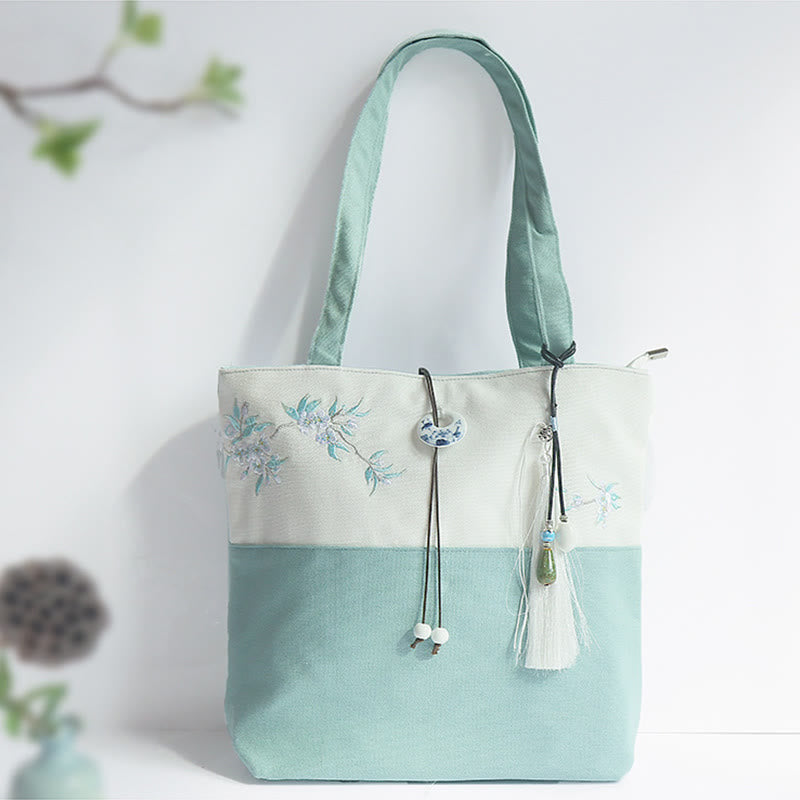 Buddha Stones Pear Flower Plum Peach Blossom Bamboo Embroidery Canvas Large Capacity Shoulder Bag Tote Bag - image 2