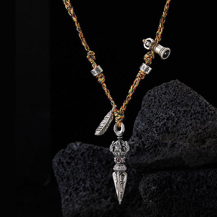 Buddha Stones Tibetan Handmade 925 Sterling Silver Dorje Vajra Om Mani Padme Hum Feather Strength Necklace Pendant - image 1