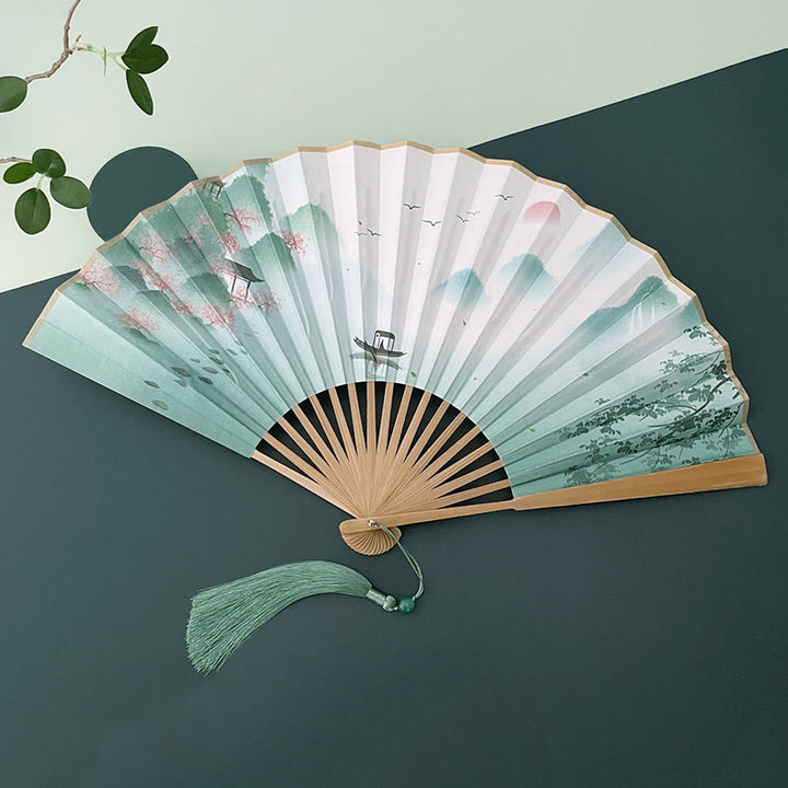 Buddha Stones Retro Lotus Flower Leaf Mountain Lake Handheld Folding Fan With Bamboo Frames - Boat Lake Landscape - Brown Bamboo Frames - image 16