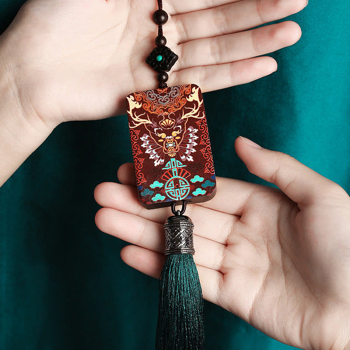 Buddha Stones Handmade Elk Deer Ebony Wood Balance Tassel Car Hanging Decoration - image 3
