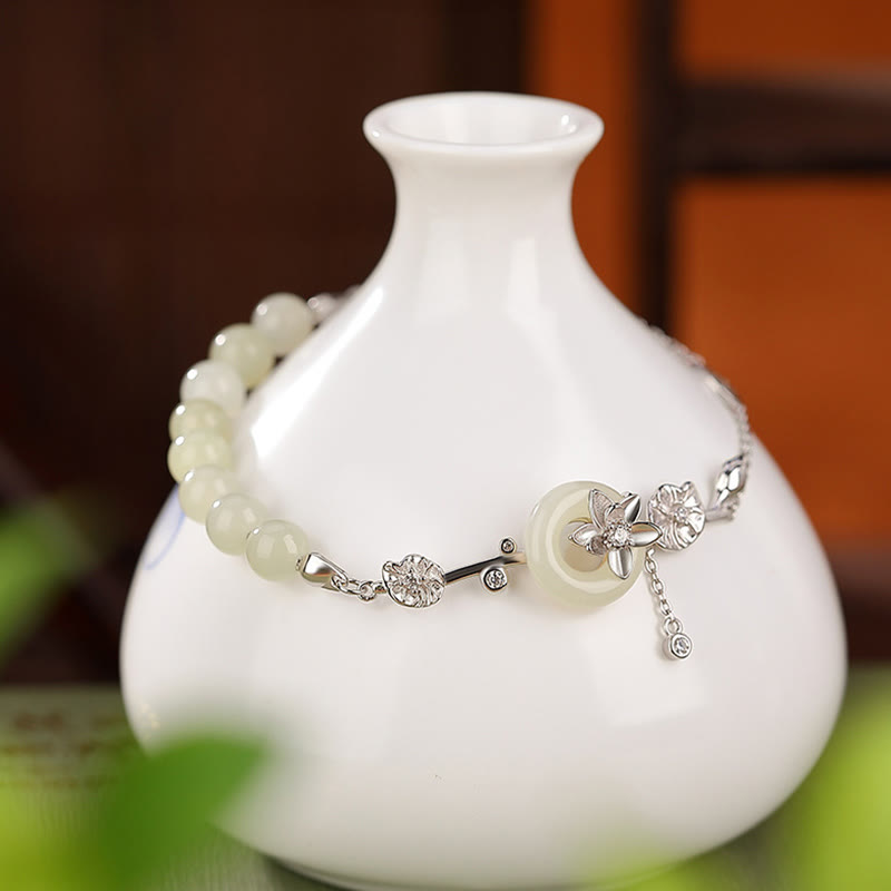 Buddha Stones 925 Sterling Silver Hetian Jade Peace Buckle Lotus Luck Chain Bracelet - image 8