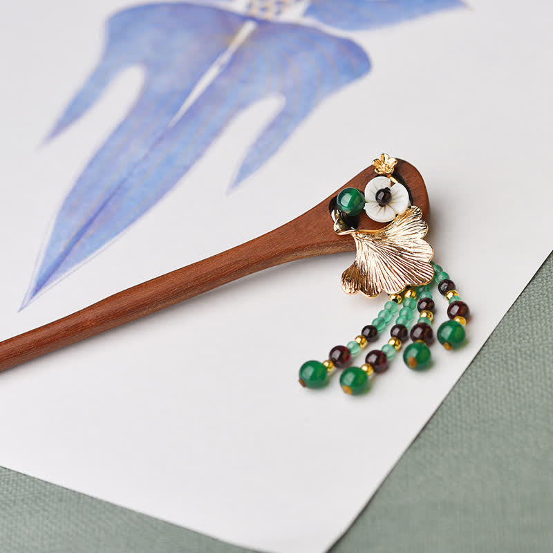 Red Sandalwood Green Agate Ginkgo Leaf Protection Hairpin - image 1