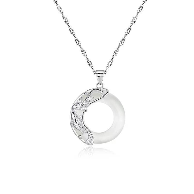 Buddha Stones Natural White Jade Koi Lucky Necklace - image 4
