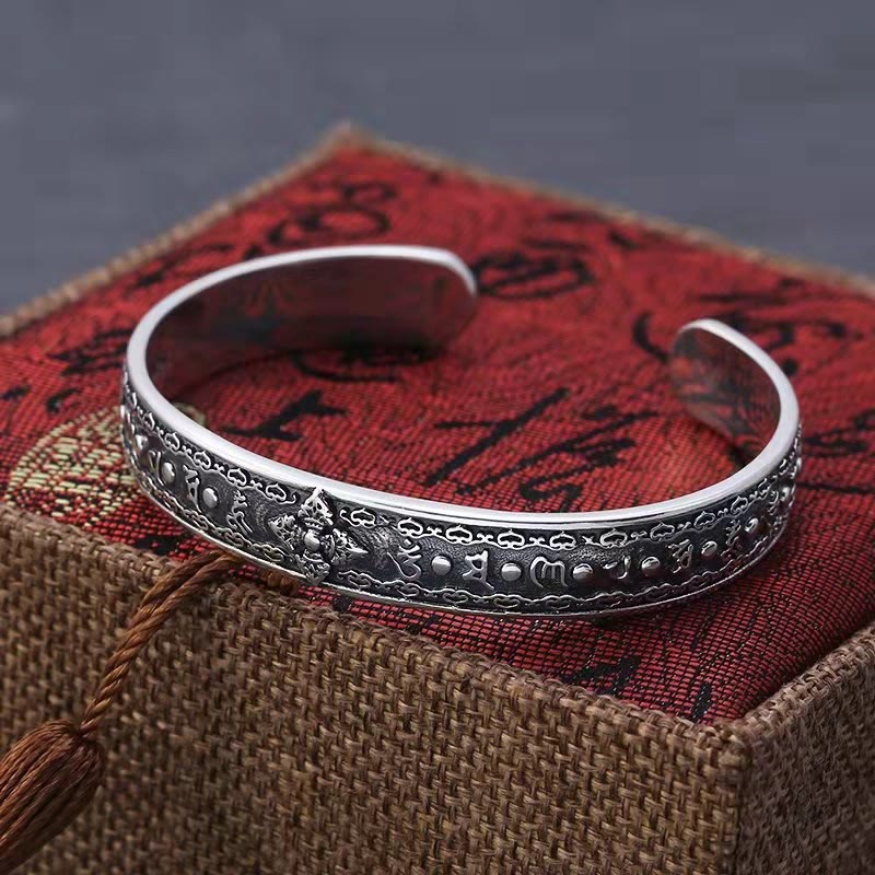 Buddha Stones 925 Sterling Silver Om Mani Padme Hum Double Dorje Engraved Wisdom Cuff Bracelet Bangle - image 11