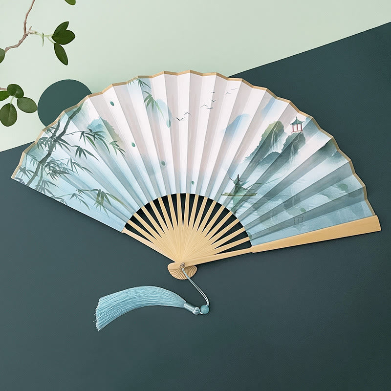 Buddha Stones Retro Lotus Flower Leaf Mountain Lake Handheld Folding Fan With Bamboo Frames - Mountain Bamboo Lake - Beige Bamboo Frames - image 10