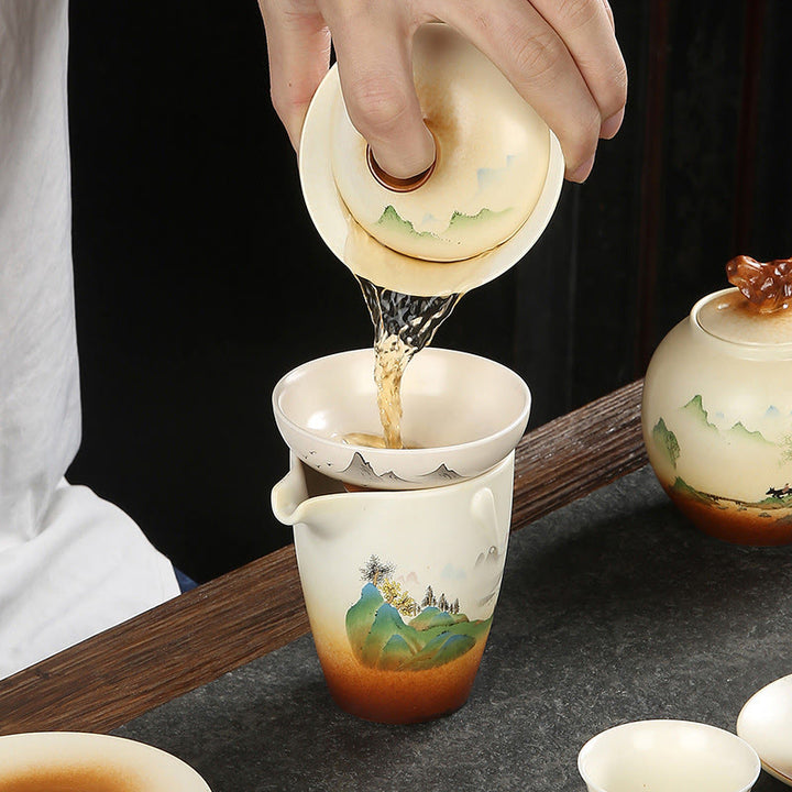 Buddha Stones Mountain Landscape Countryside Ceramic Gaiwan Sancai Teacup Kung Fu Tea Cup And Saucer With Lid - image 6