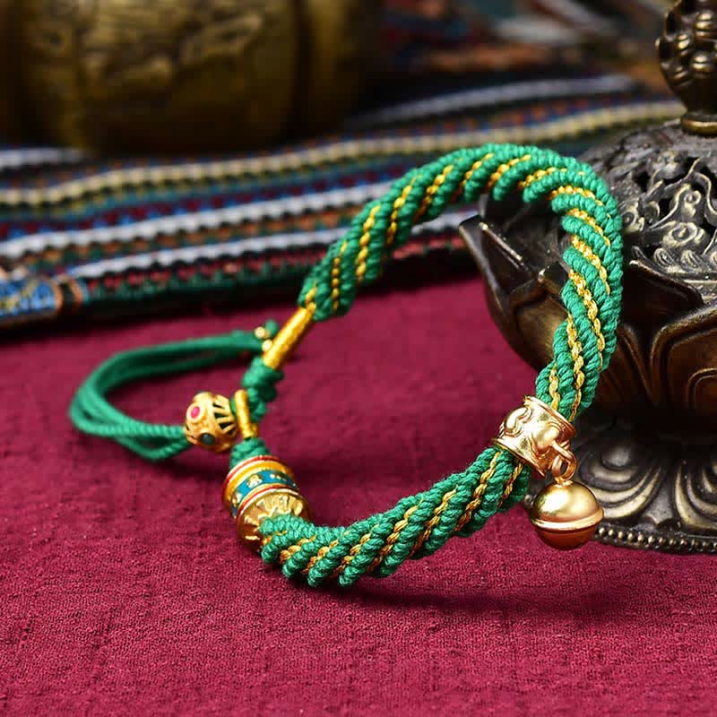Buddha Stones Tibetan Handmade Luck Protection Thangka Prayer Wheel Bell Charm Braid String Bracelet - Green(Wrist Circumference 14-19cm) - image 18