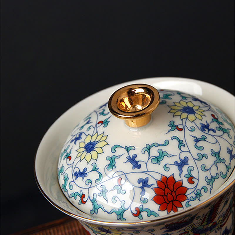 Buddha Stones Retro Plum Blossom Pine Bamboo Phoenix Kirin Ceramic Gaiwan Sancai Teacup Kung Fu Tea Cup and Saucer with Lid - image 9