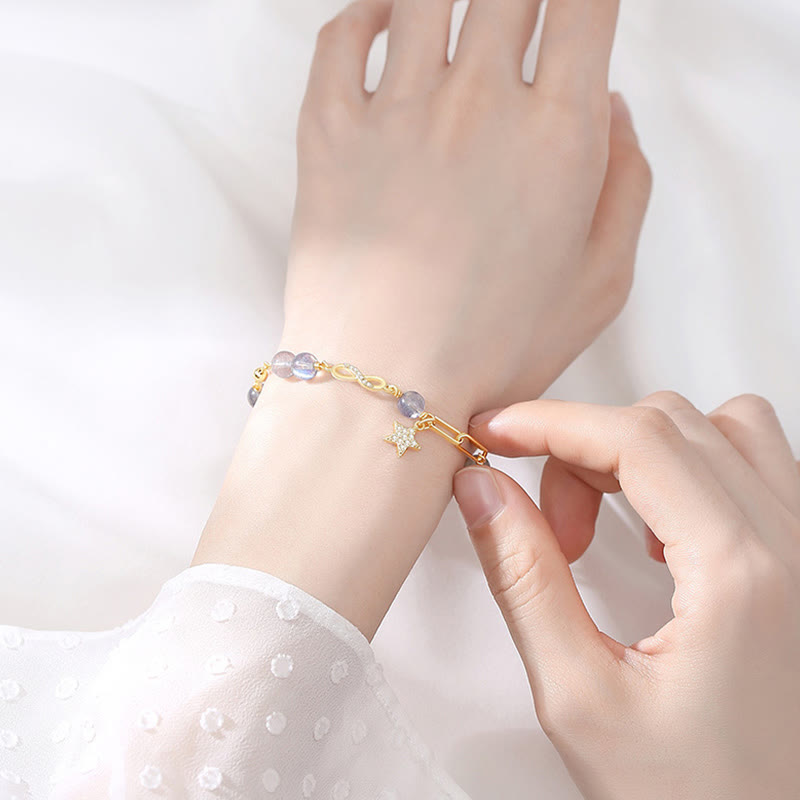 Buddha Stones 14K Gold Plated Natural Strawberry Quartz Moonstone Möbius Loop Eternal Love Star Positive Bracelet - image 6
