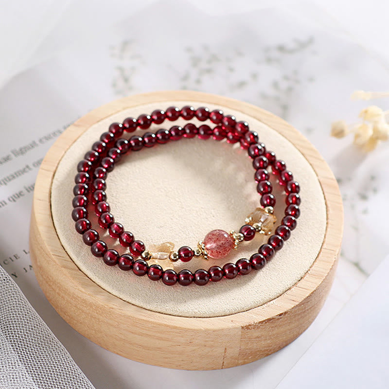 Buddha Stones 14K Gold Plated Natural Garnet Strawberry Quartz Butterfly Protection Double Wrap Bracelet - image 8