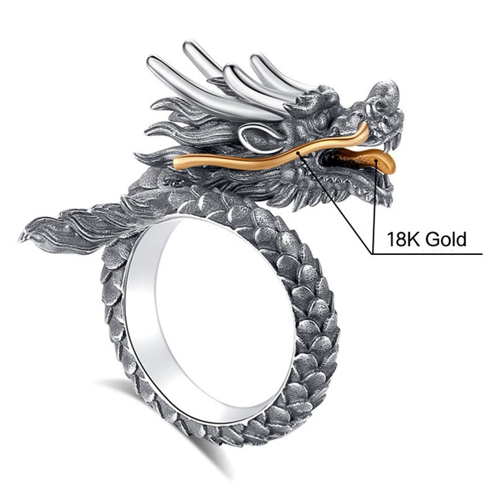 Buddha Stones 925 Sterling Silver Vintage Dragon Design Protection Strength Adjustable Ring - 925 Sterling Silver&18K Gold Dragon - image 7