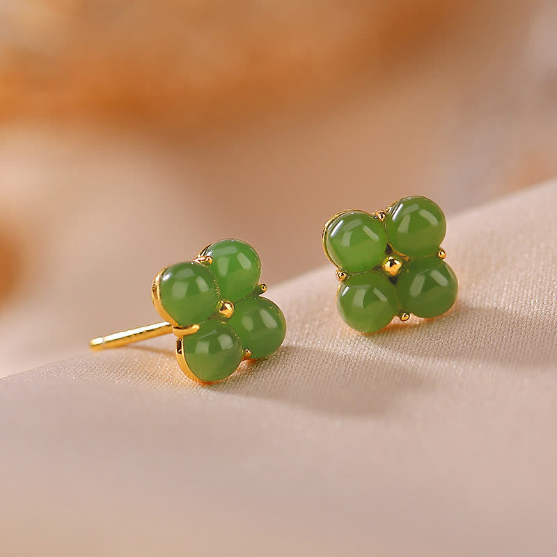 Buddha Stones 925 Sterling Silver Plated Gold Natural Cyan Jade Four Leaf Clover Luck Stud Earrings - image 1