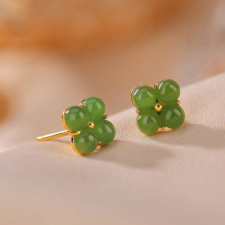 Buddha Stones 925 Sterling Silver Plated Gold Natural Cyan Jade Four Leaf Clover Luck Stud Earrings - image 1