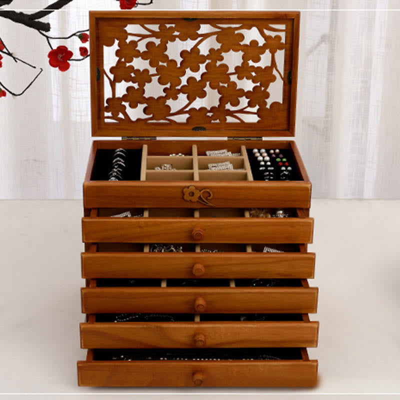 Buddha Stones Vintage Plum Blossom Carved Wooden Jewelry Box Six-Layer Jewelry Storage Box - image 14