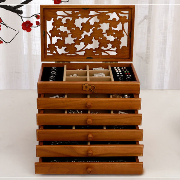 Buddha Stones Vintage Plum Blossom Carved Wooden Jewelry Box Six-Layer Jewelry Storage Box - image 14