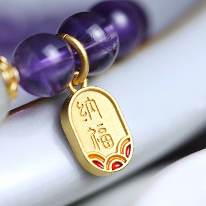 Buddha Stones Natural Amethyst Crystal Hetian Jade Healing Charm Bracelet - image 8